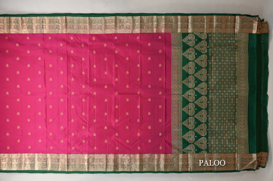 Rani Pink with Bottle Green Borders Light Weight Kanjivaram Silk Saree paloo