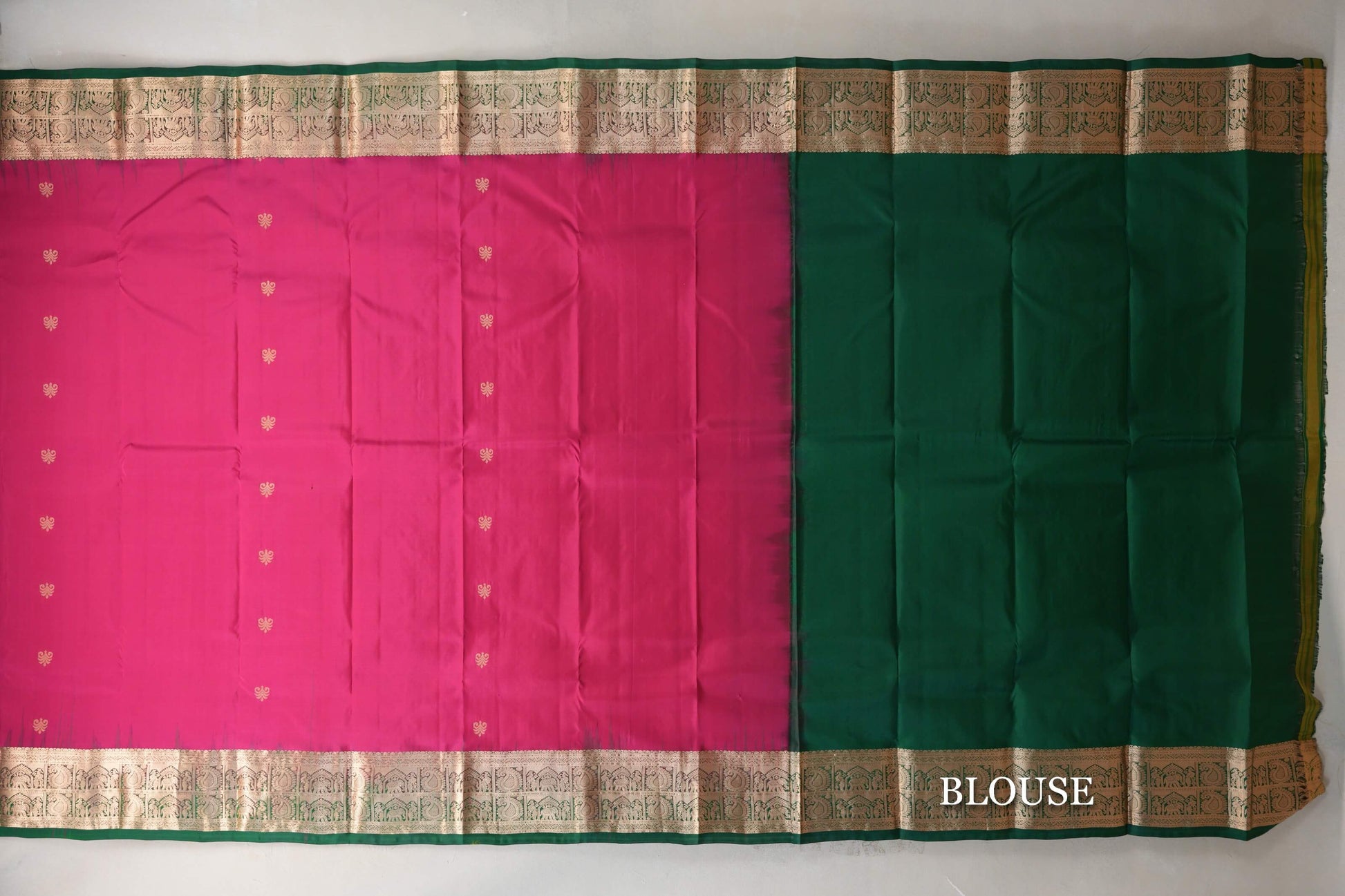 Rani Pink with Bottle Green Borders Light Weight Kanjivaram Silk Saree blouse