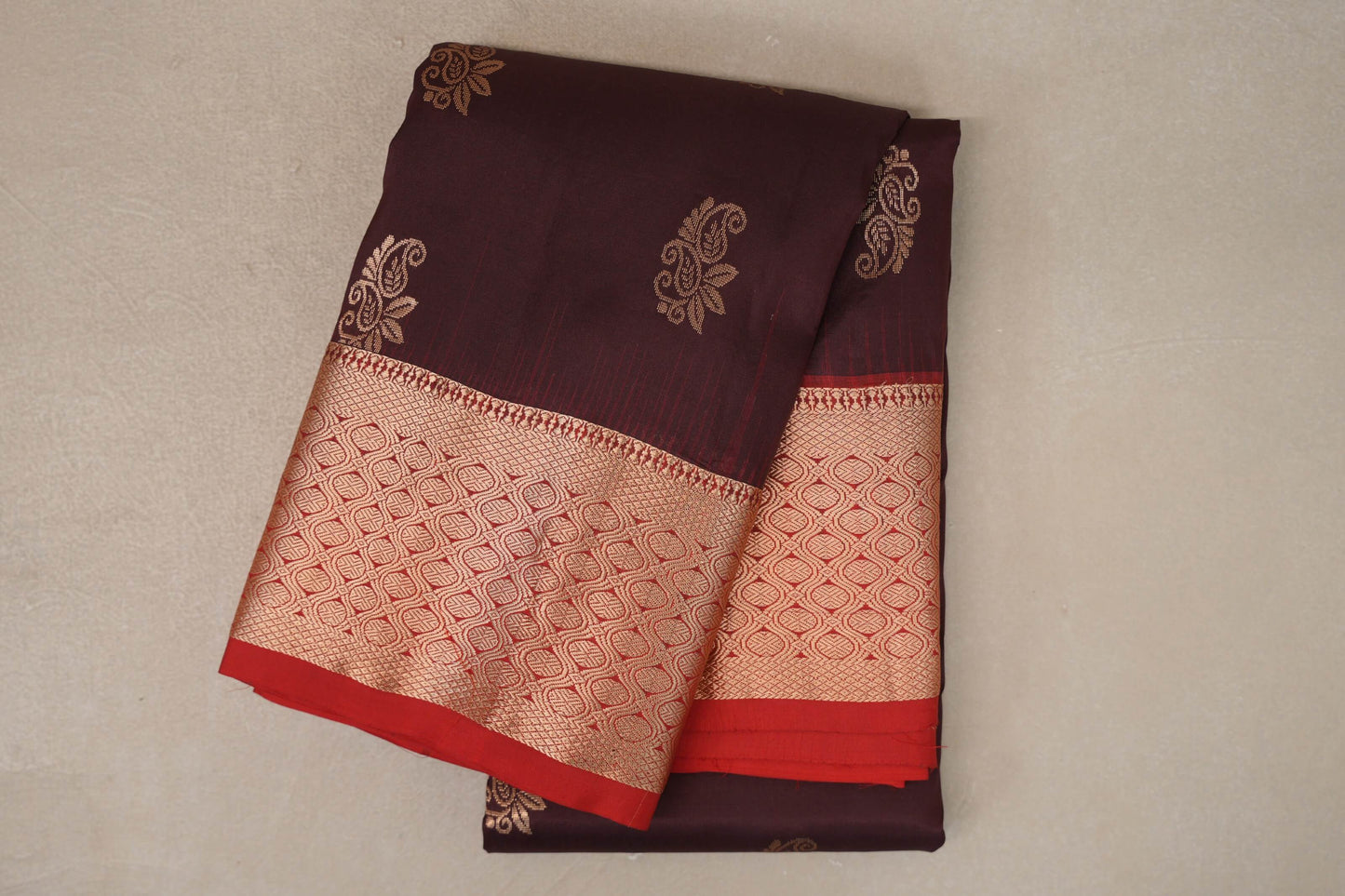 Deep Coffee Brown with Tomato Red Borders Light Weight Kanjivaram Silk Saree