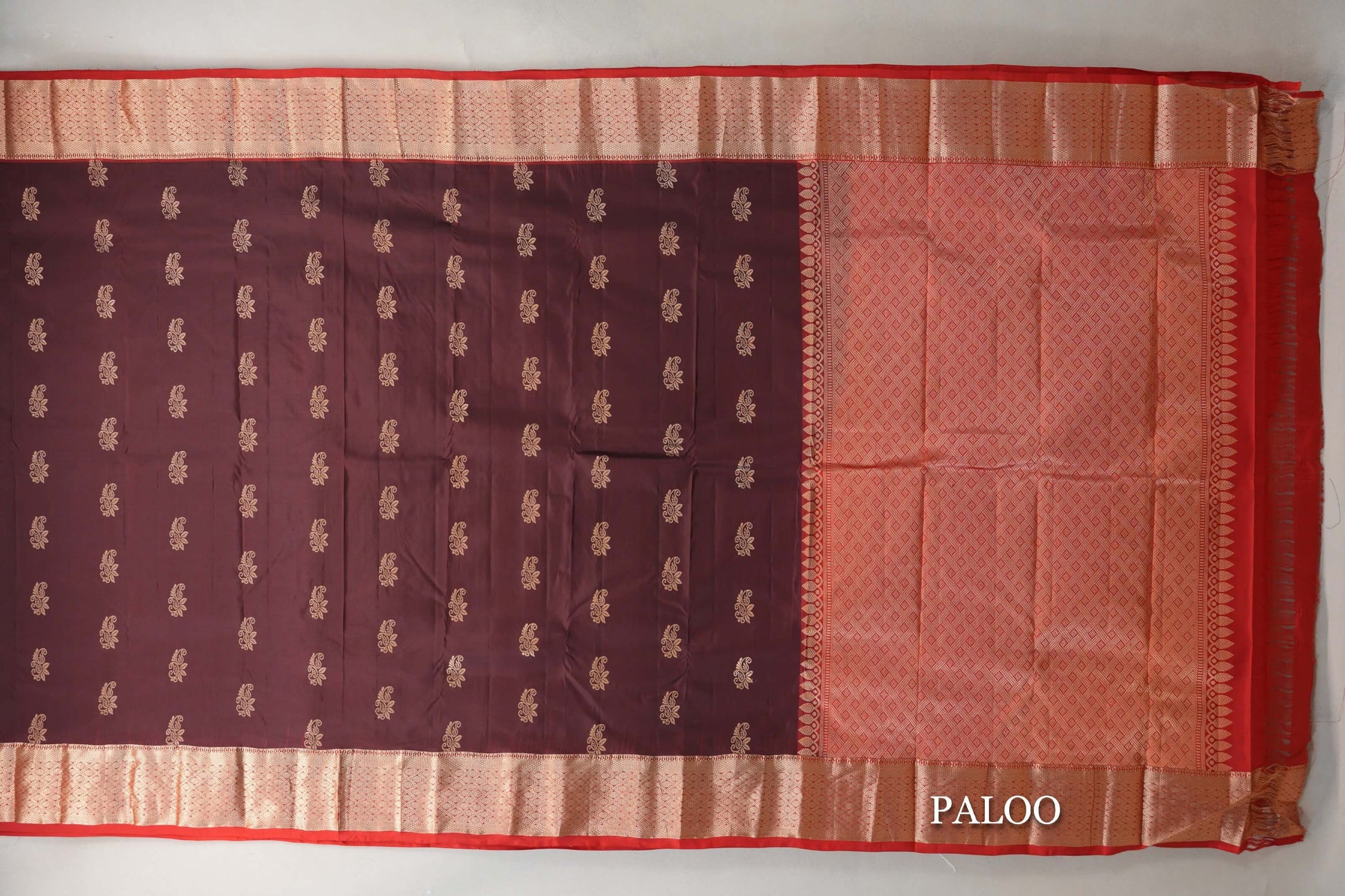 Deep Coffee Brown with Tomato Red Borders Light Weight Kanjivaram Silk Saree paloo