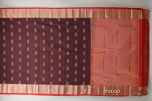 Deep Coffee Brown with Tomato Red Borders Light Weight Kanjivaram Silk Saree paloo