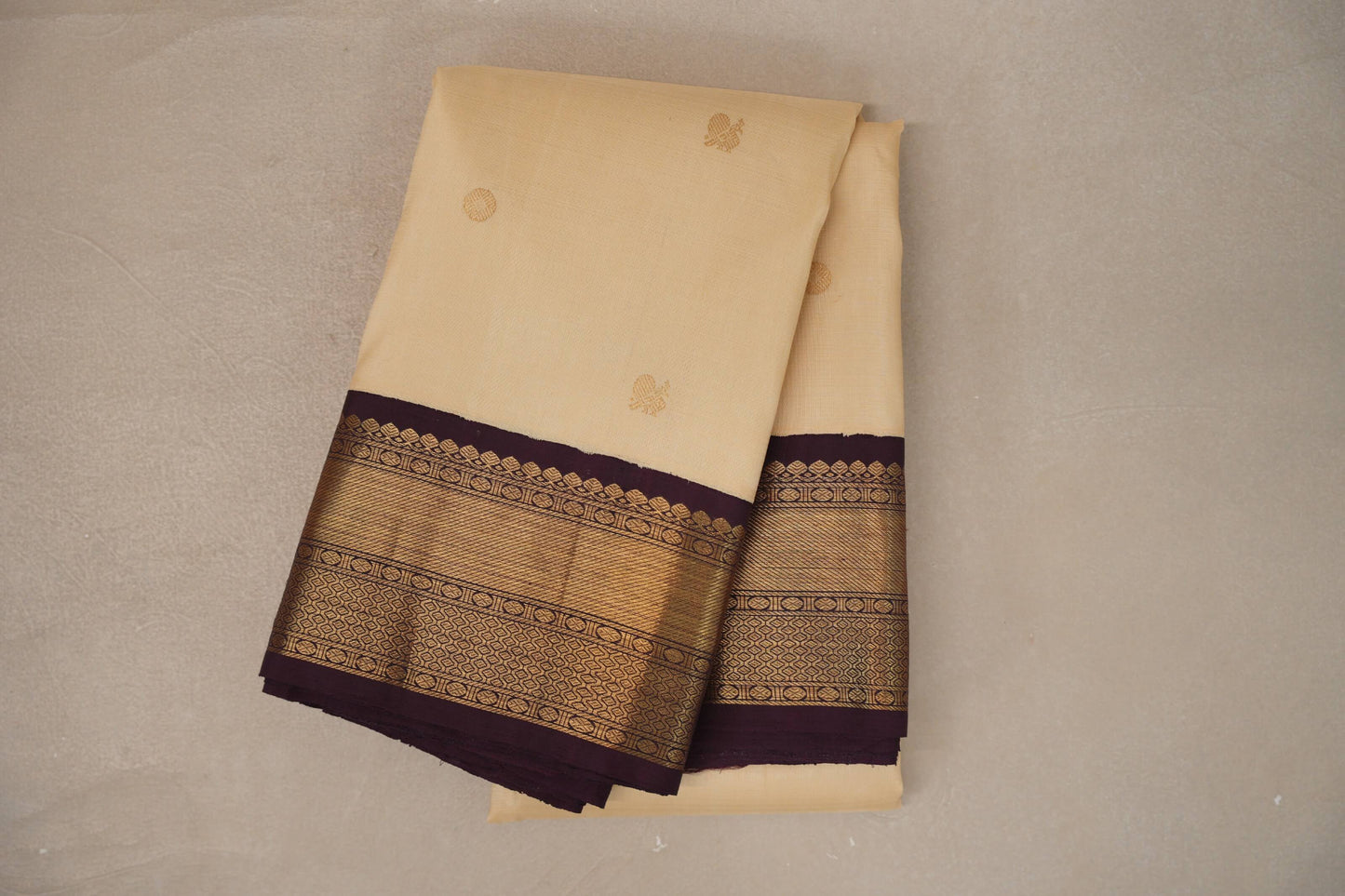 Sandal cream with Deep Plum borders Plant based Kanjivaram Silk Saree
