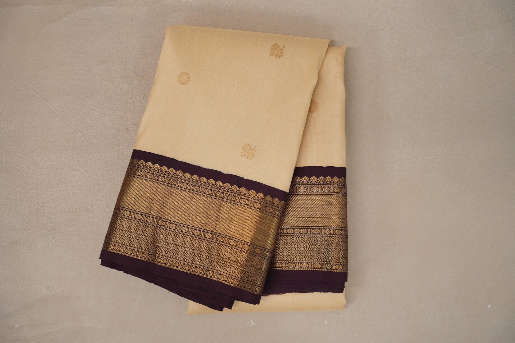 Sandal cream with Deep Plum borders Plant based Kanjivaram Silk Saree
