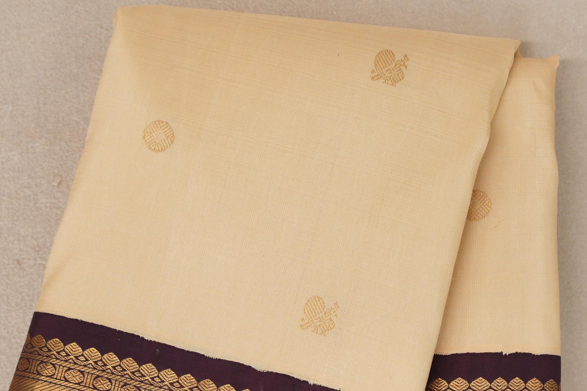  Sandal cream with Deep Plum borders Plant based Kanjivaram Silk Saree body