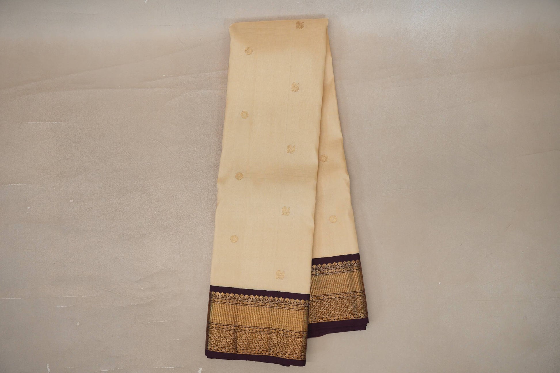 Sandal cream with Deep Plum borders Plant based Kanjivaram Silk Saree