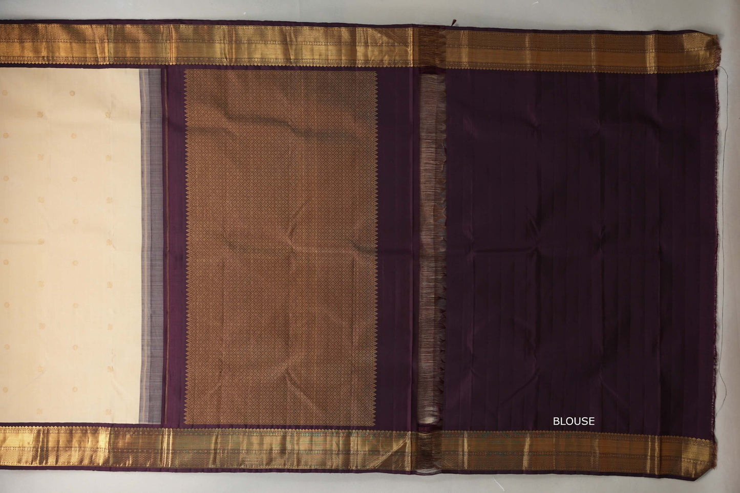Sandal cream with Deep Plum borders Plant based Kanjivaram Silk Saree blouse 