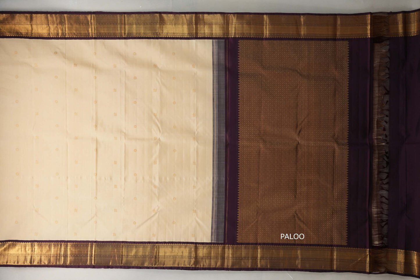 Sandal cream with Deep Plum borders Plant based Kanjivaram Silk Saree paloo