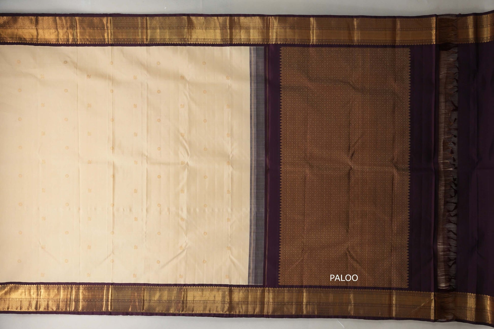 Sandal cream with Deep Plum borders Plant based Kanjivaram Silk Saree paloo