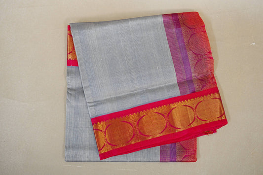 folded Silver Grey with Rani Pink Borders Silk Cotton Saree 