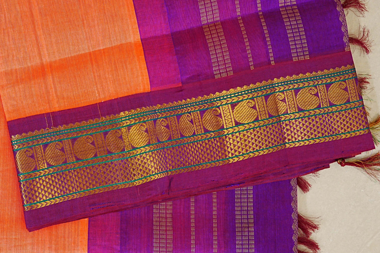 Peach with Purple Borders Silk Cotton Saree  border zoom