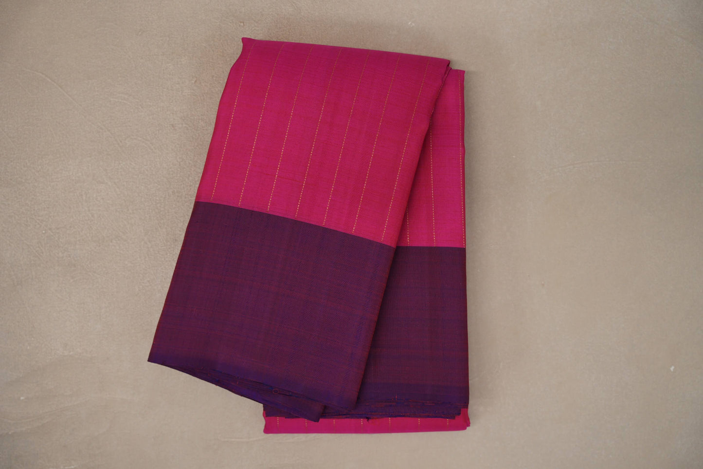 Bright pink with Dual Tone of Orange & Deep Blue borders Plant based Kanjivaram Silk Saree