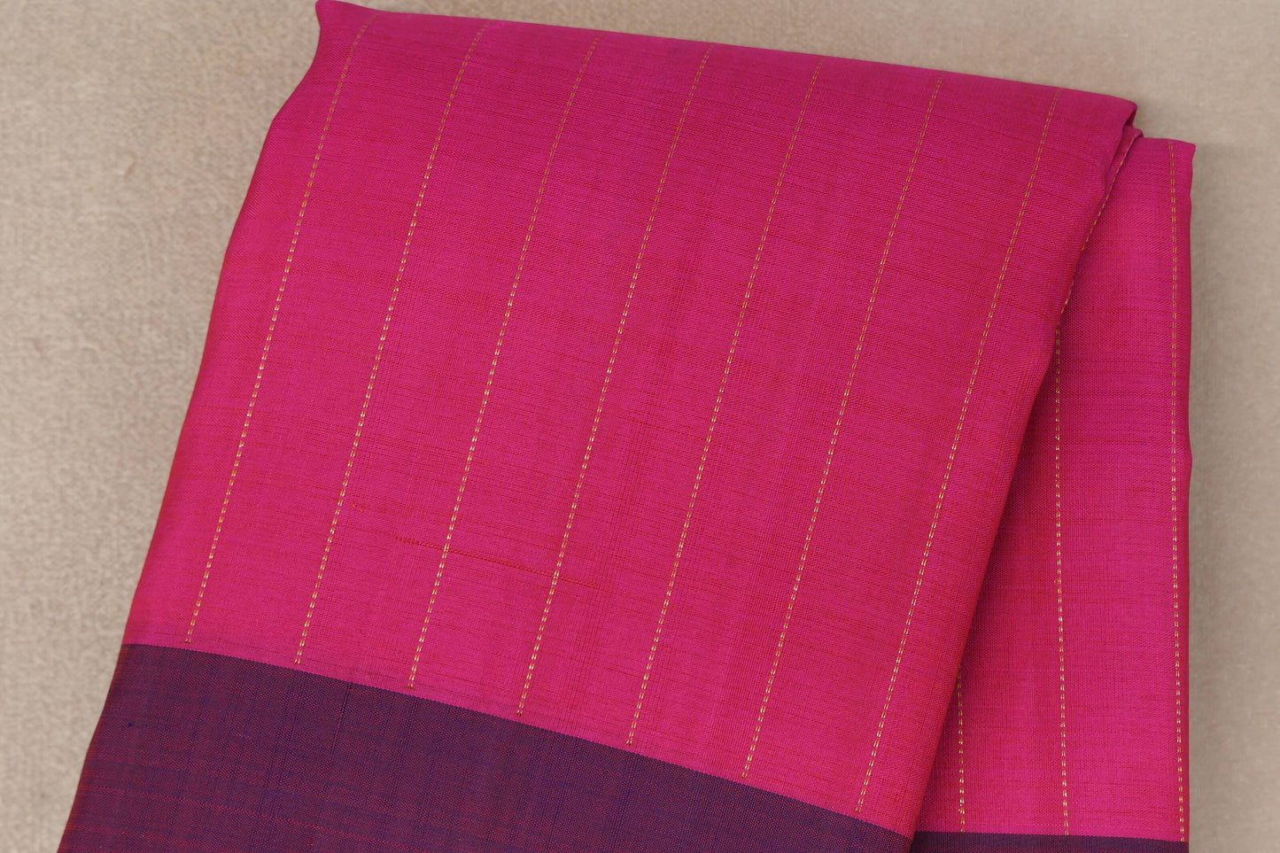 Bright pink with Dual Tone of Orange & Deep Blue borders Plant based Kanjivaram Silk Saree body