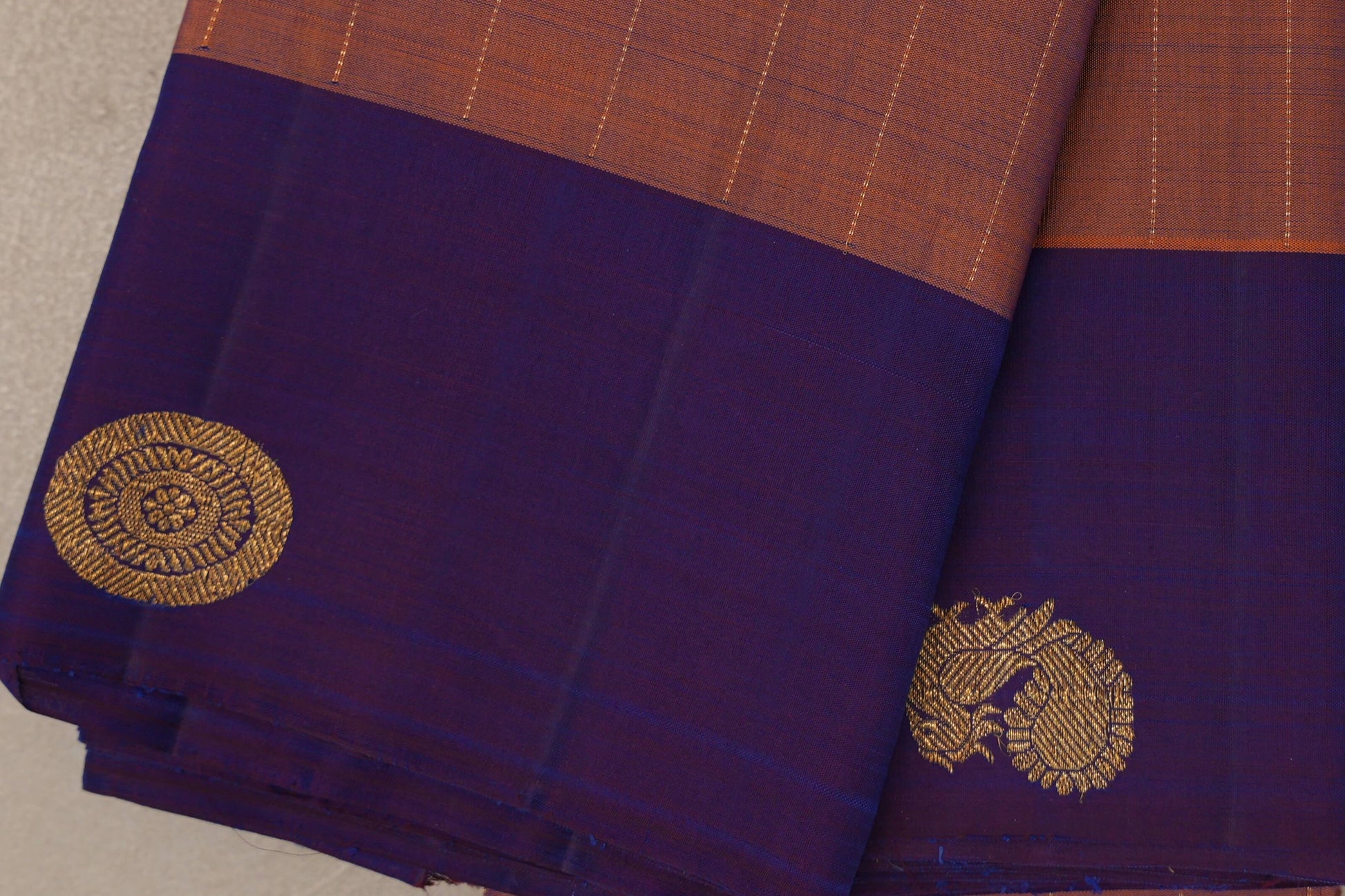 Dual Tone of Mustard Orange & Deep Blue Plant based Kanjivaram Silk Saree border