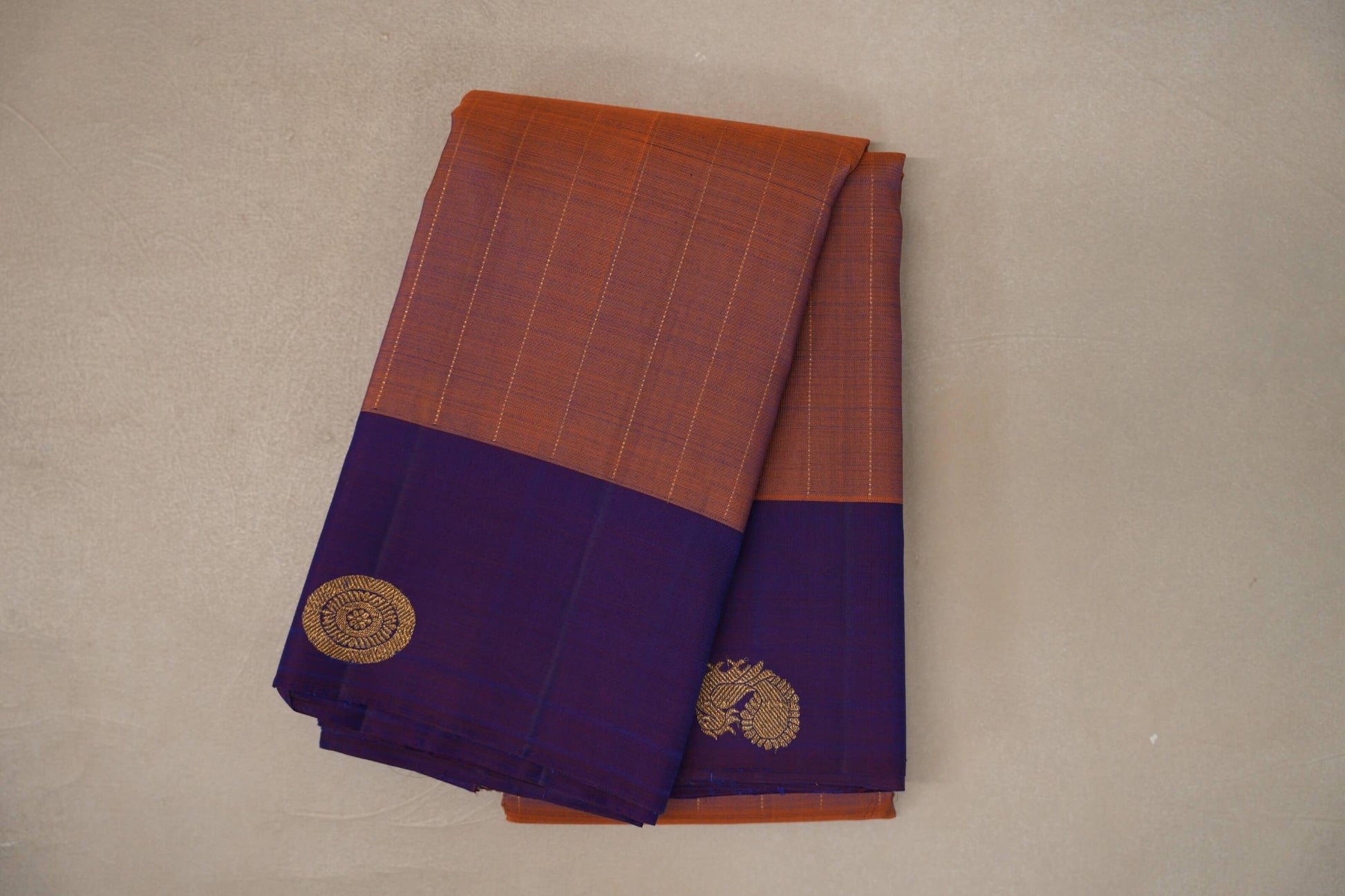 Dual Tone of Mustard Orange & Deep Blue Plant based Kanjivaram Silk Saree