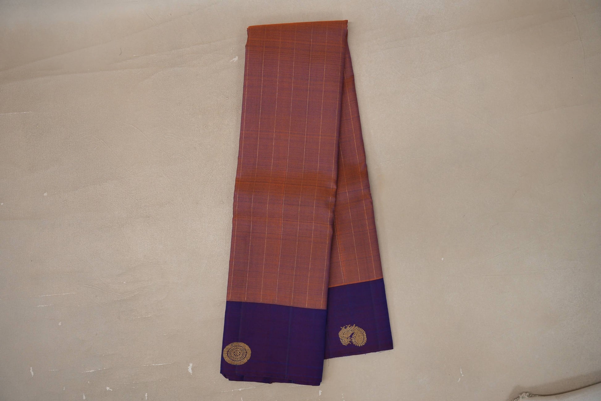Dual Tone of Mustard Orange & Deep Blue Plant based Kanjivaram Silk Saree