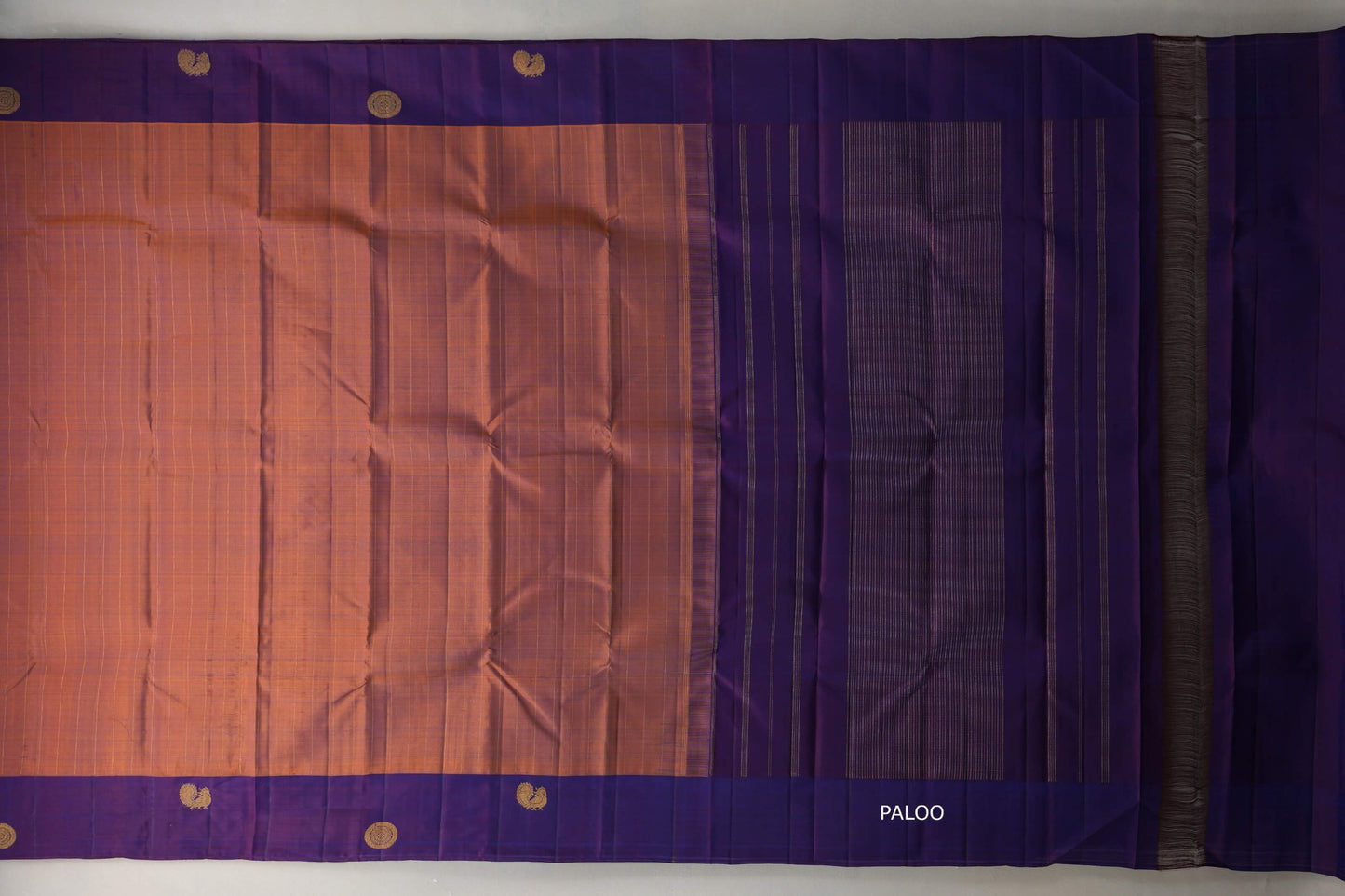 Dual Tone of Mustard Orange & Deep Blue Plant based Kanjivaram Silk Saree paloo