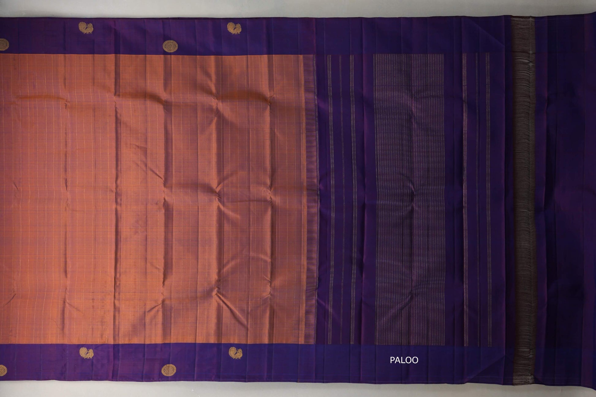 Dual Tone of Mustard Orange & Deep Blue Plant based Kanjivaram Silk Saree paloo