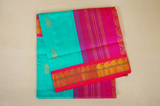 folded Rama Blue with Rani Pink Borders Silk Cotton Saree