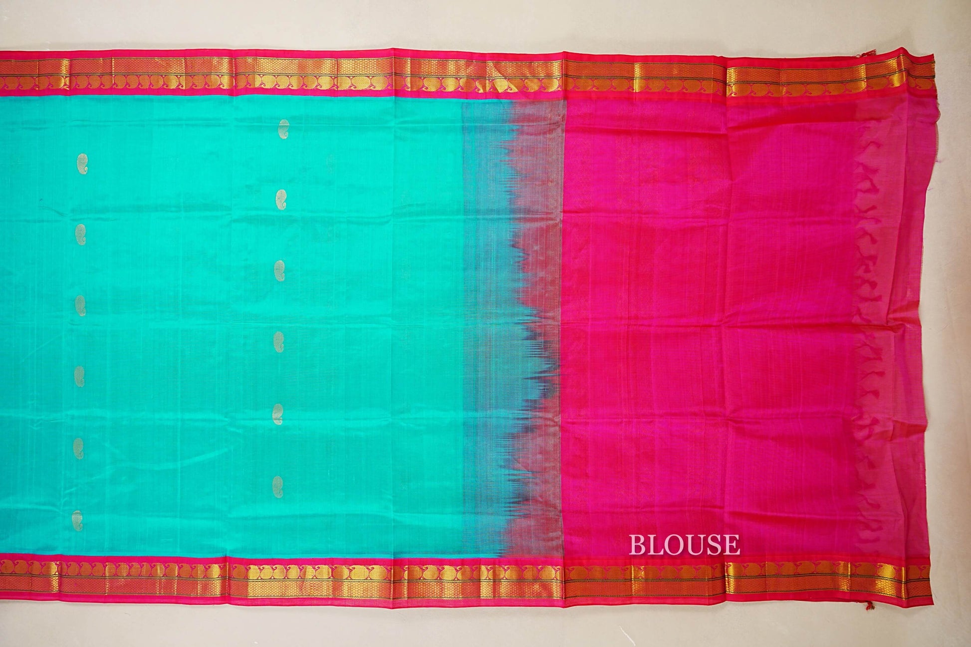 Rama Blue with Rani Pink Borders Silk Cotton Saree blouse