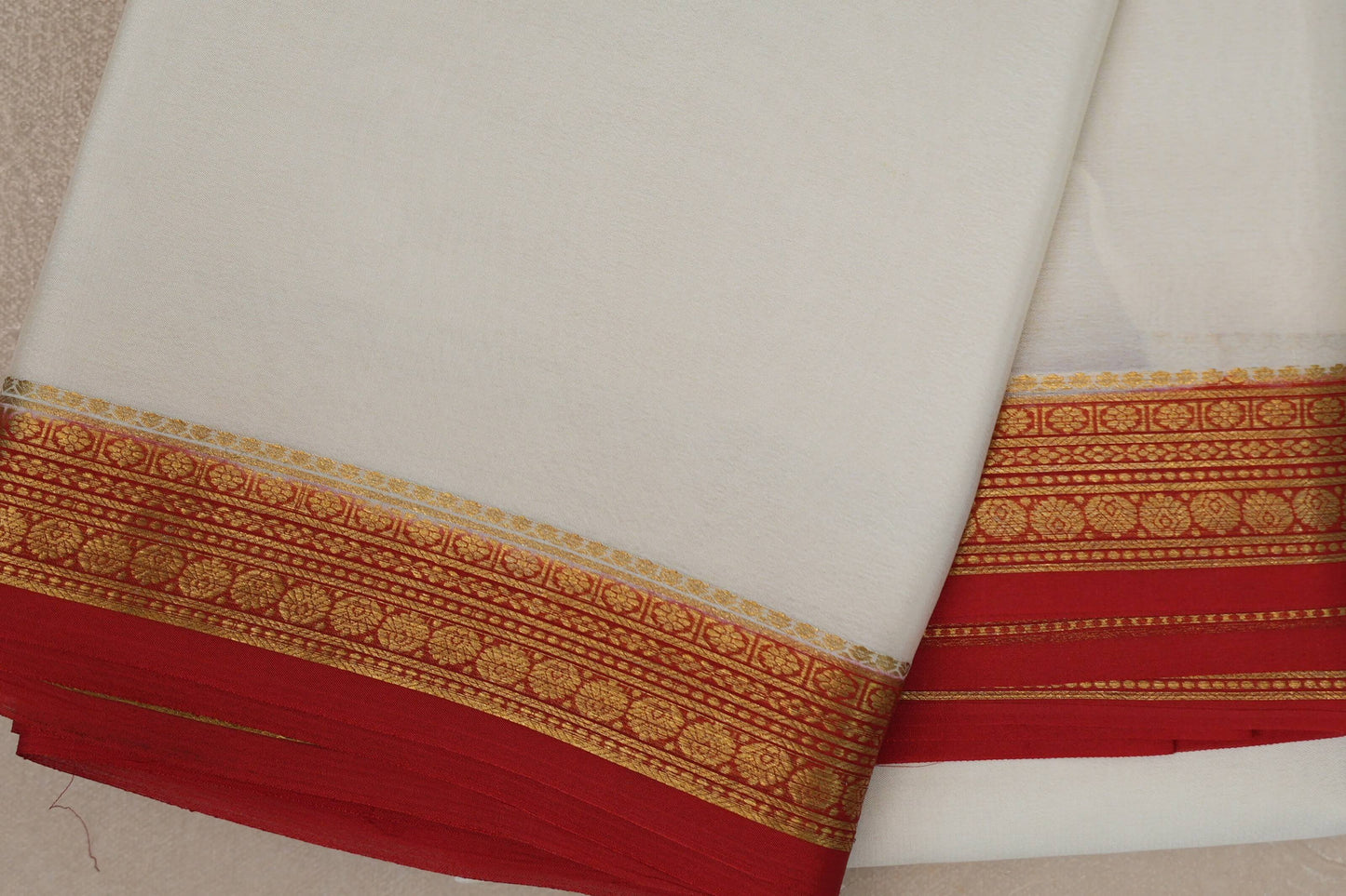 Ivory White with bright red borders Mysore Silk Saree borders
