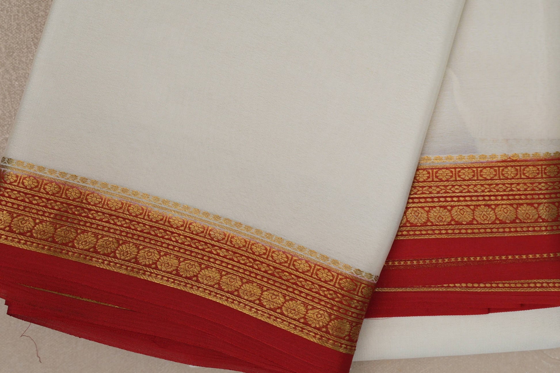 Ivory White with bright red borders Mysore Silk Saree borders