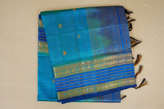 folded Peacock Blue with Deep Blue Borders Silk Cotton Saree