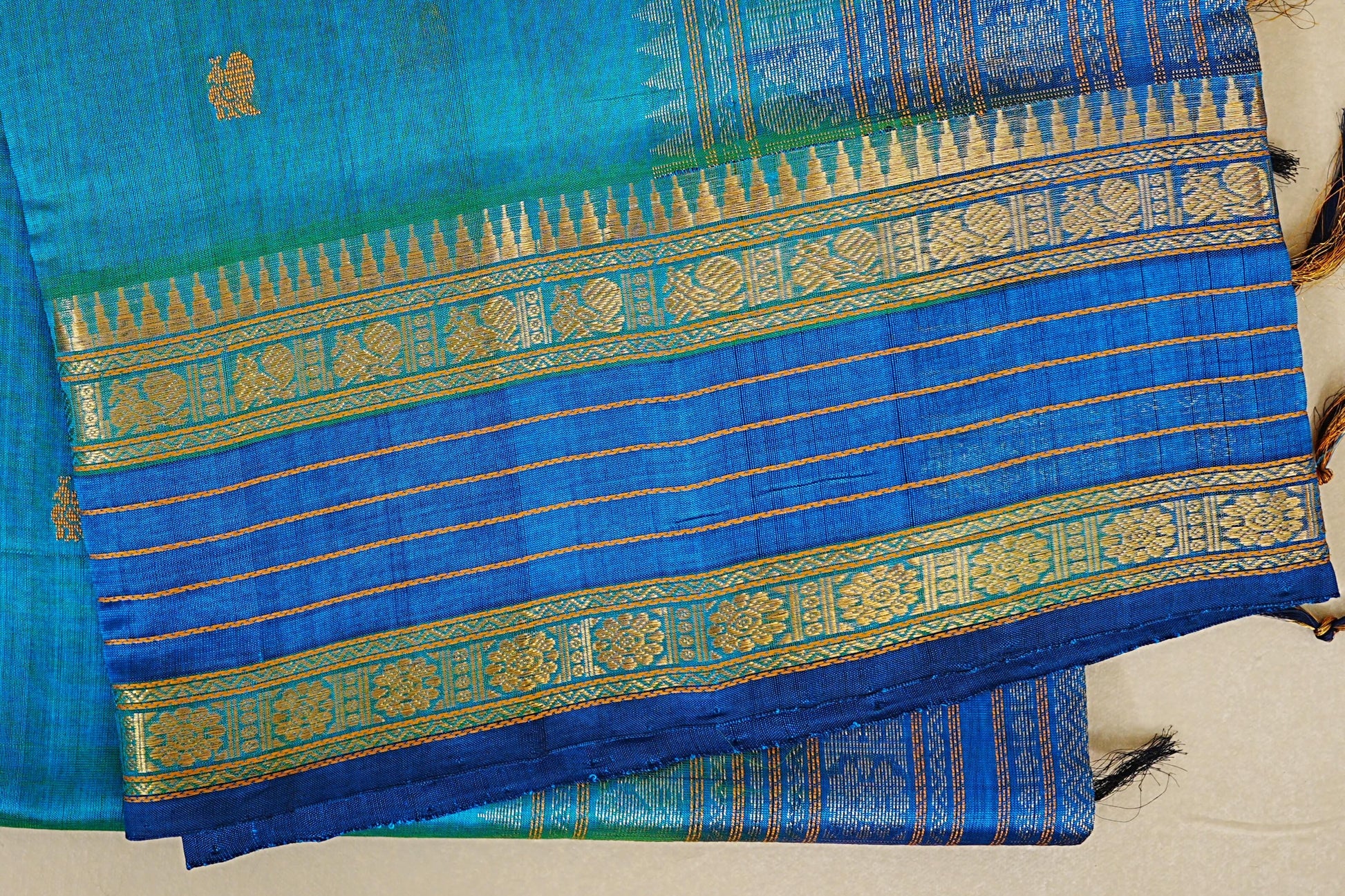 peacock blue silk cotton saree borders zoom