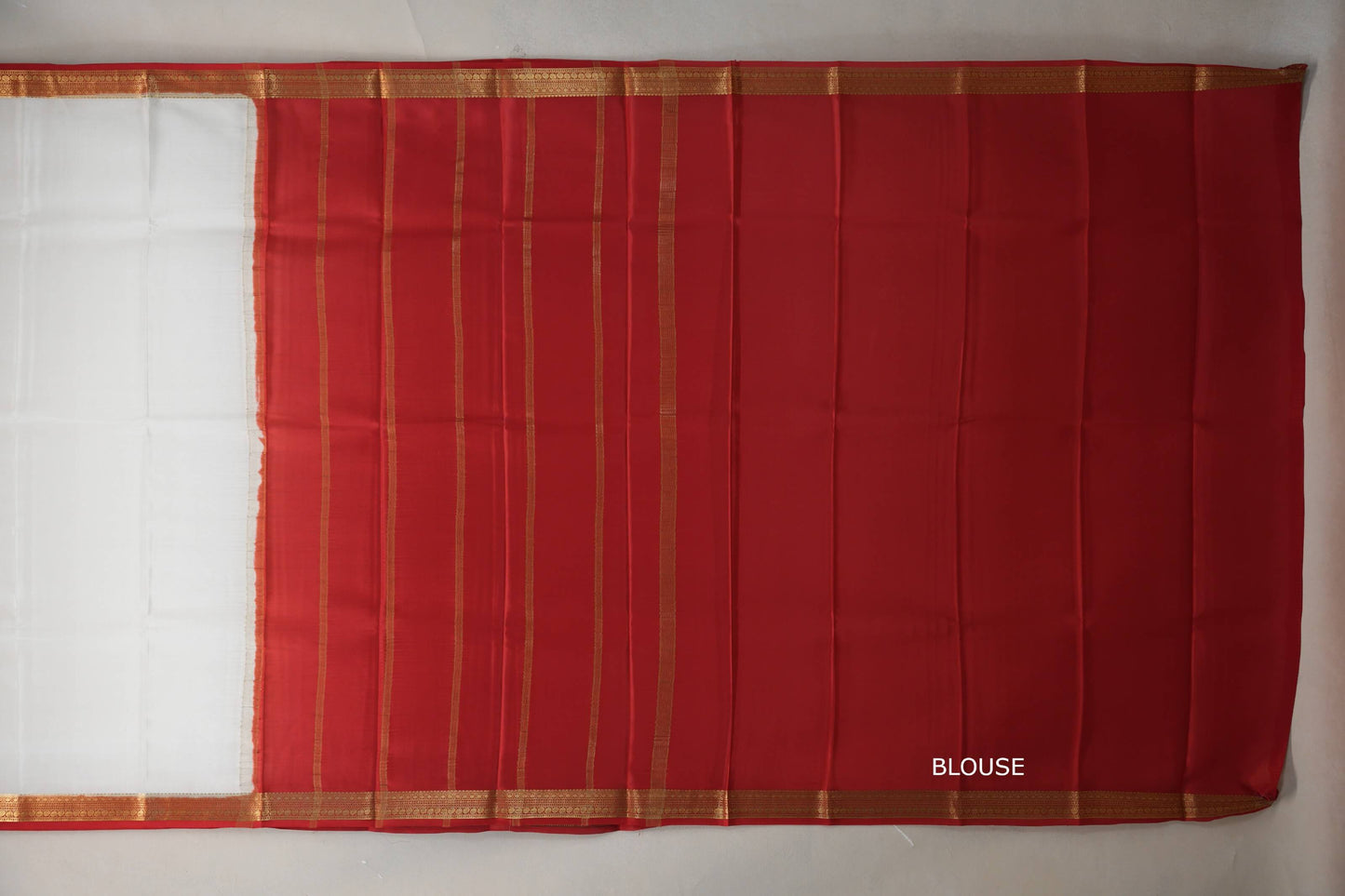 Ivory White with bright red borders Mysore Silk Saree blouse