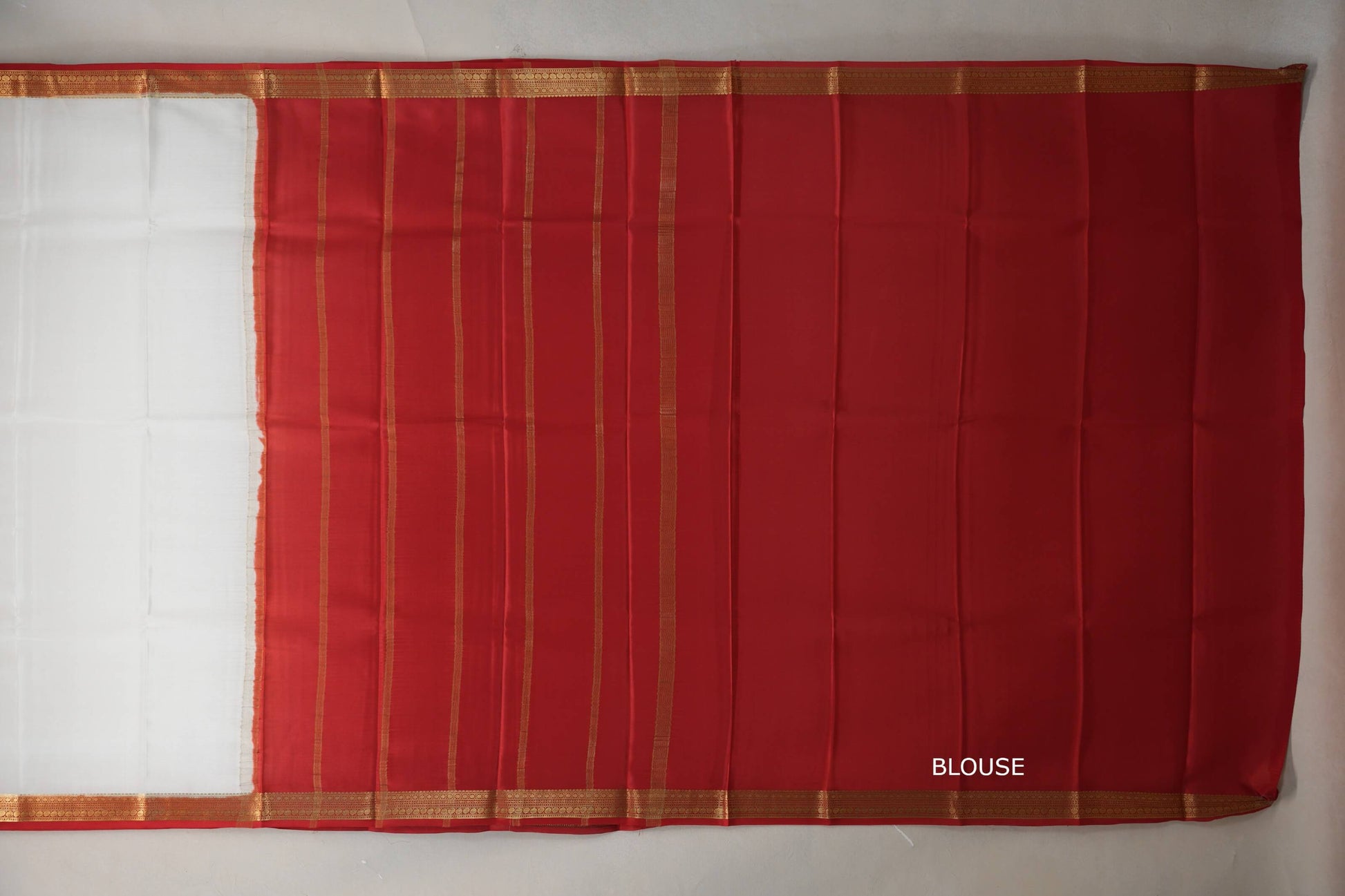 Ivory White with bright red borders Mysore Silk Saree blouse