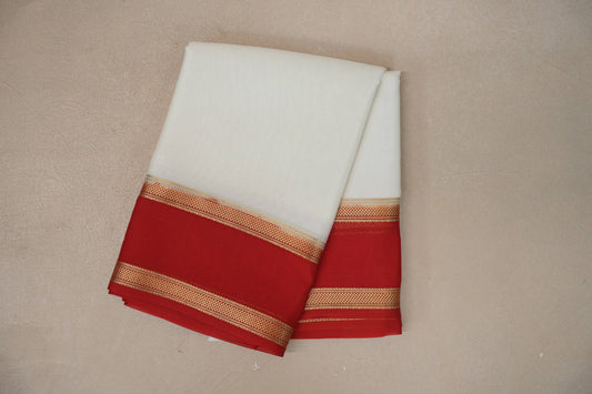 Ivory White with bright red borders Mysore Silk Saree SS9757
