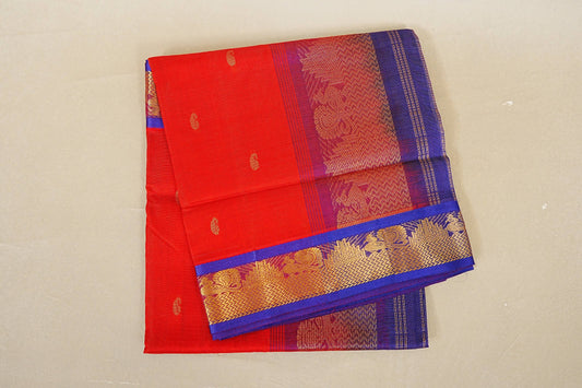 Folded Bright Red with Deep Blue Borders Vaira Oosi Silk Cotton Saree