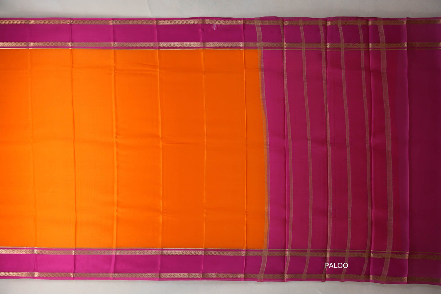 Dark orange with Rani Pink borders Mysore Silk Saree paloo