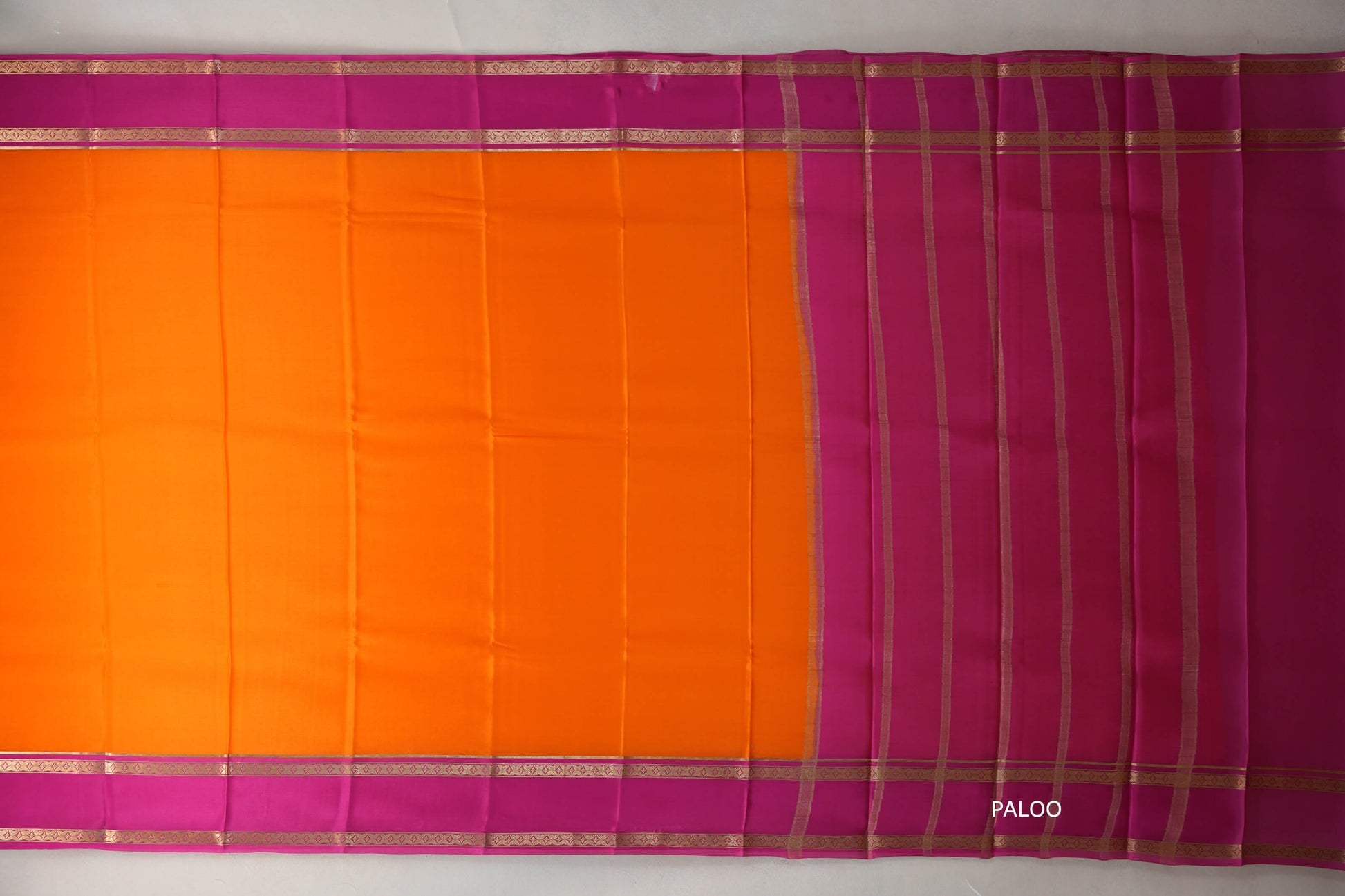 Dark orange with Rani Pink borders Mysore Silk Saree paloo