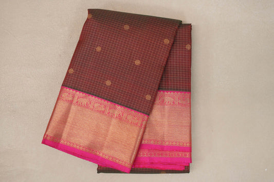 Dual Tone of Green and Red with Bright Pink Borders Vintage Heirloom Kanjivaram Silk Saree