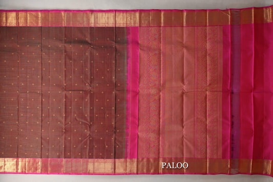 Dual Tone of Green and Red with Bright Pink Borders Vintage Heirloom Kanjivaram Silk Saree paloo