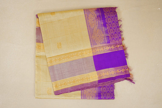 folded Cream with Dual Tone Cream and Purple Borders Silk Cotton Saree