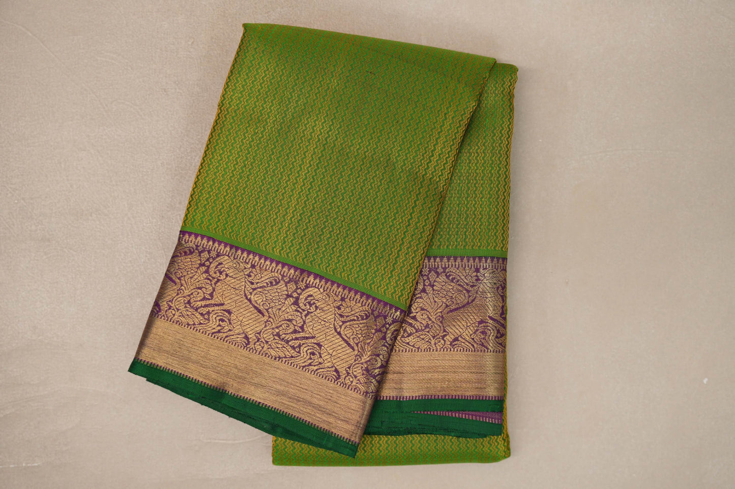 Dual Tone of Yellow and Green with Deep Purple with Dark Green Selvedge Borders Vintage Heirloom Kanjivaram Silk Saree