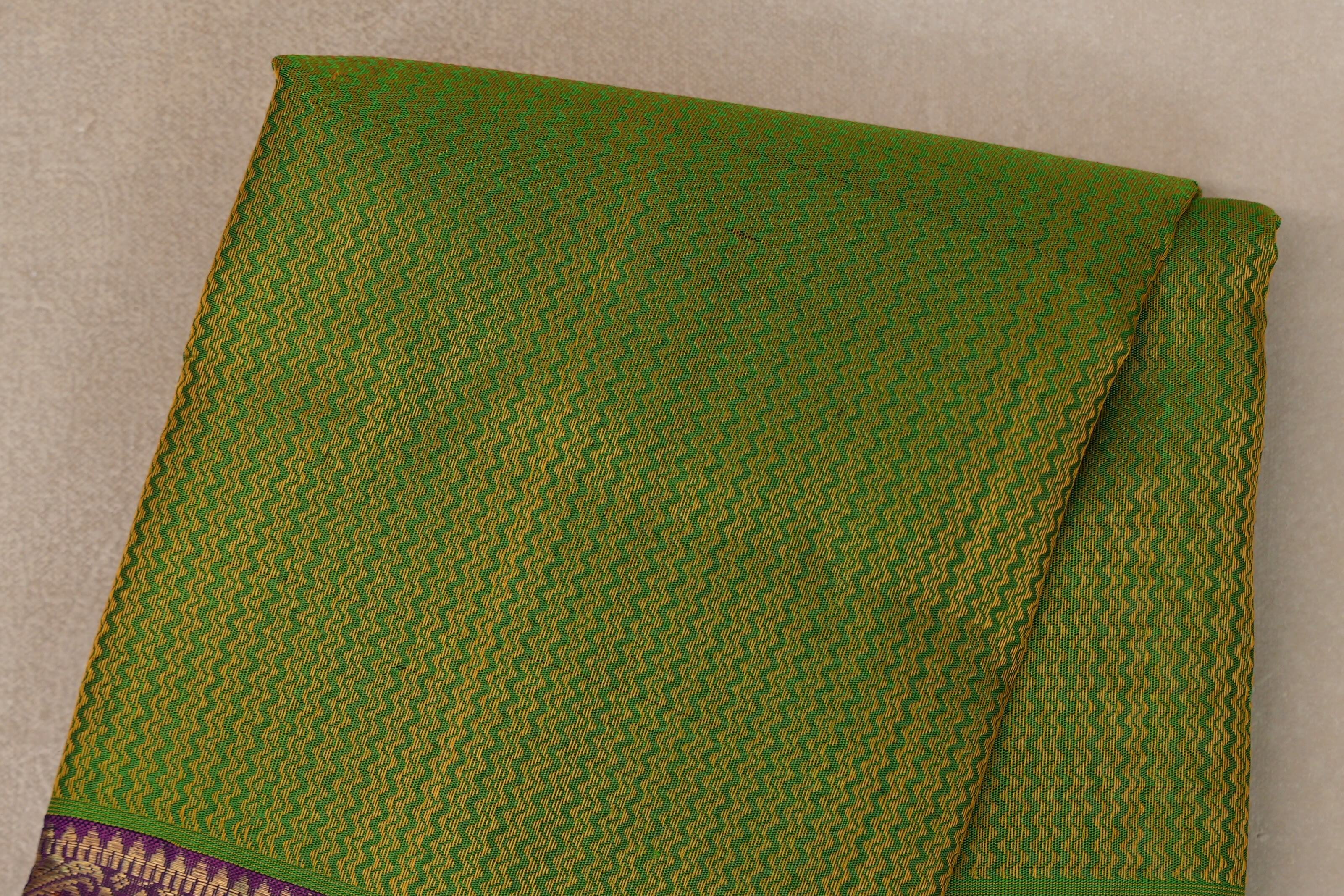 Dual Tone of Yellow and Green with Deep Purple with Dark Green Selvedge Borders Vintage Heirloom Kanjivaram Silk Saree body