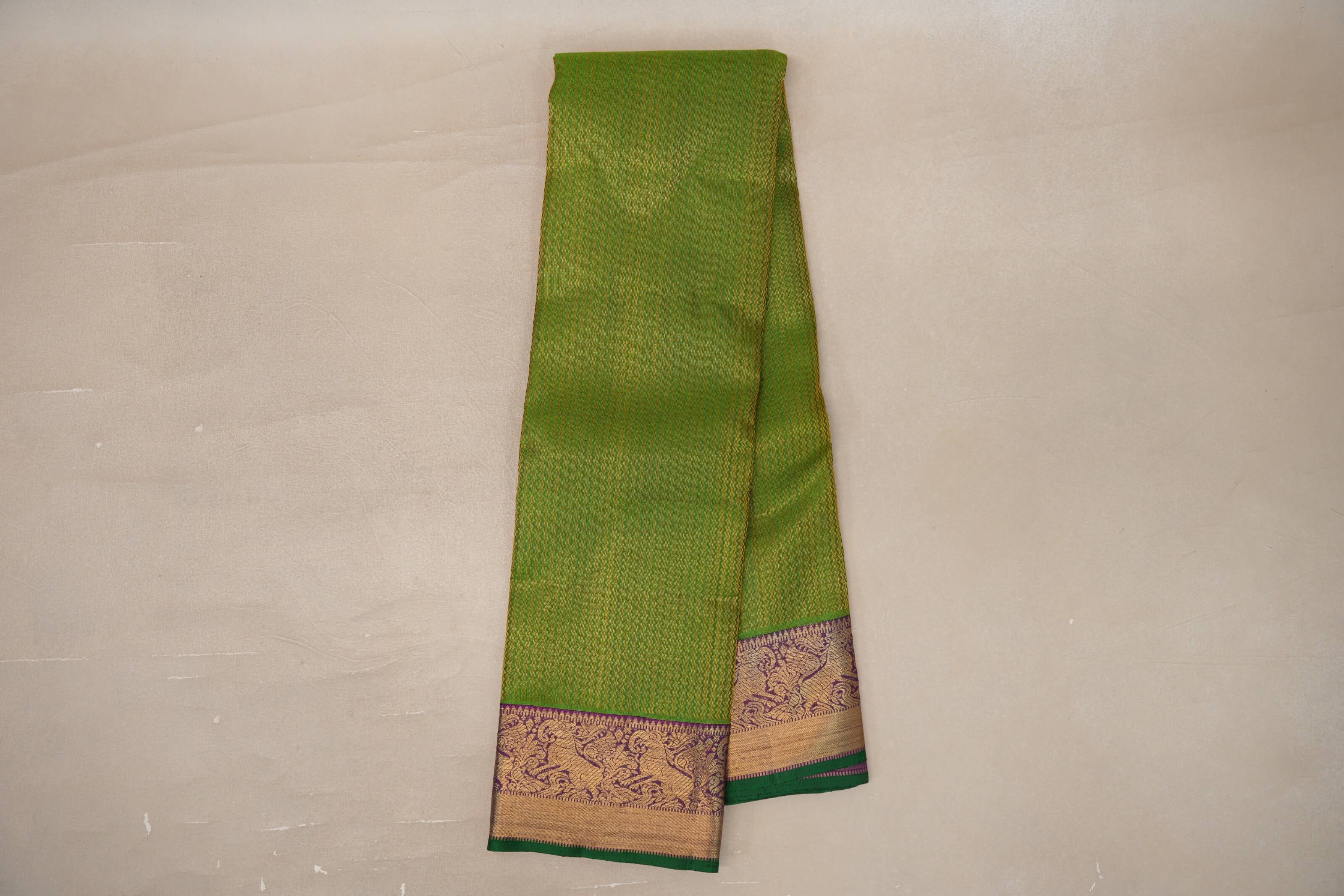 Online Dual Tone of Yellow and Green with Deep Purple with Dark Green Selvedge Borders Vintage Heirloom Kanjivaram Silk Saree