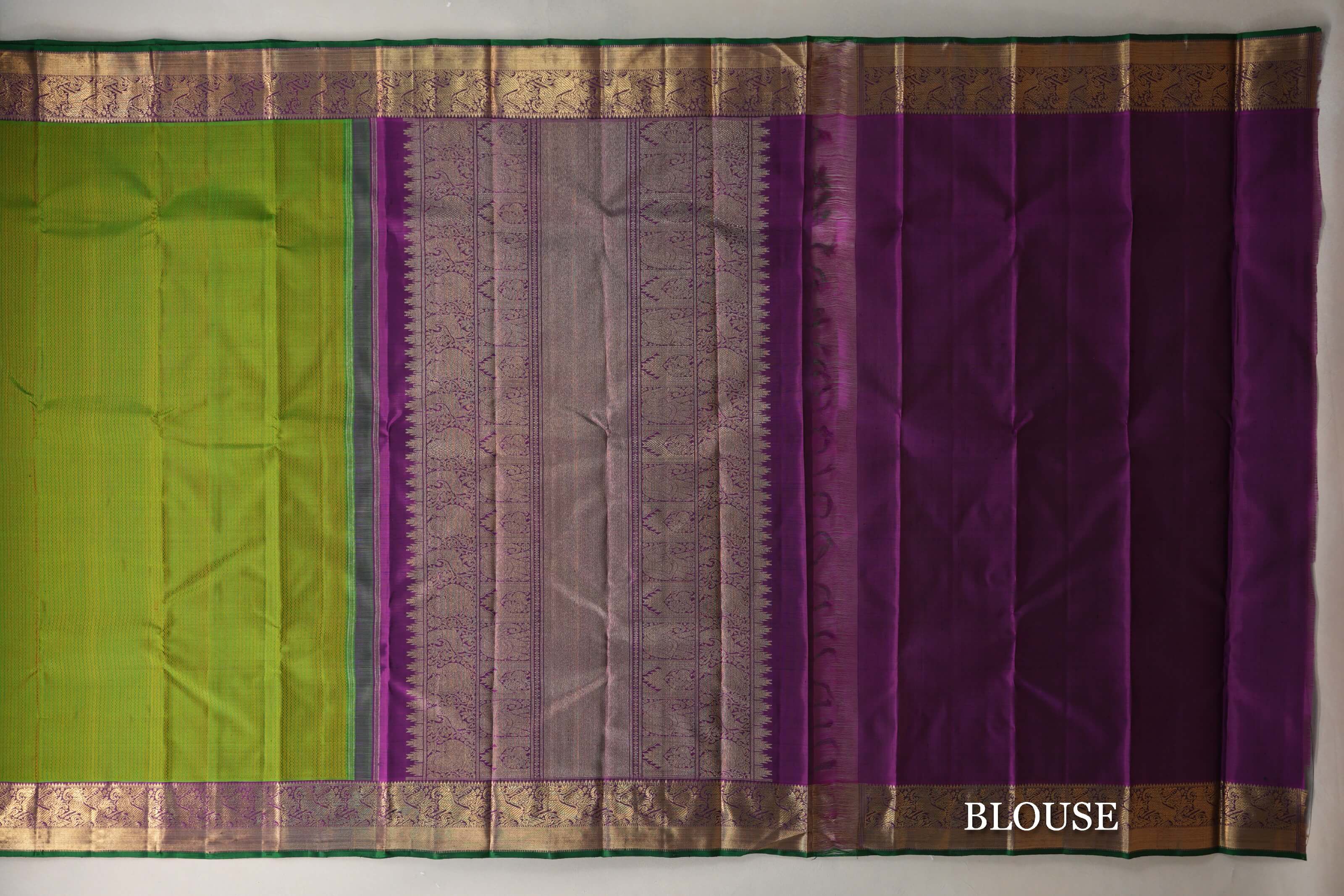 Dual Tone of Yellow and Green with Deep Purple with Dark Green Selvedge Borders Vintage Heirloom Kanjivaram Silk Saree blouse