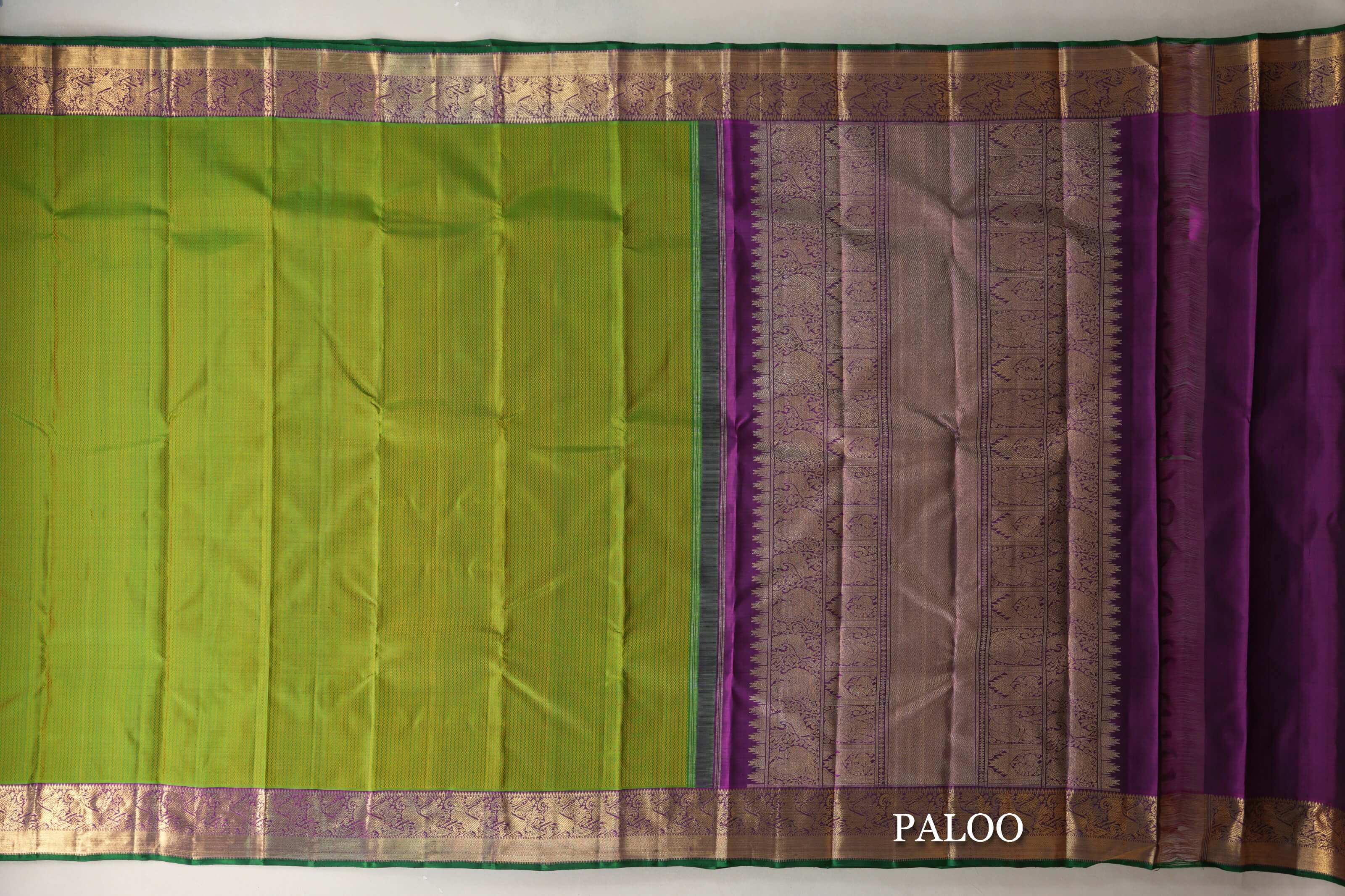 Dual Tone of Yellow and Green with Deep Purple with Dark Green Selvedge Borders Vintage Heirloom Kanjivaram Silk Saree paloo