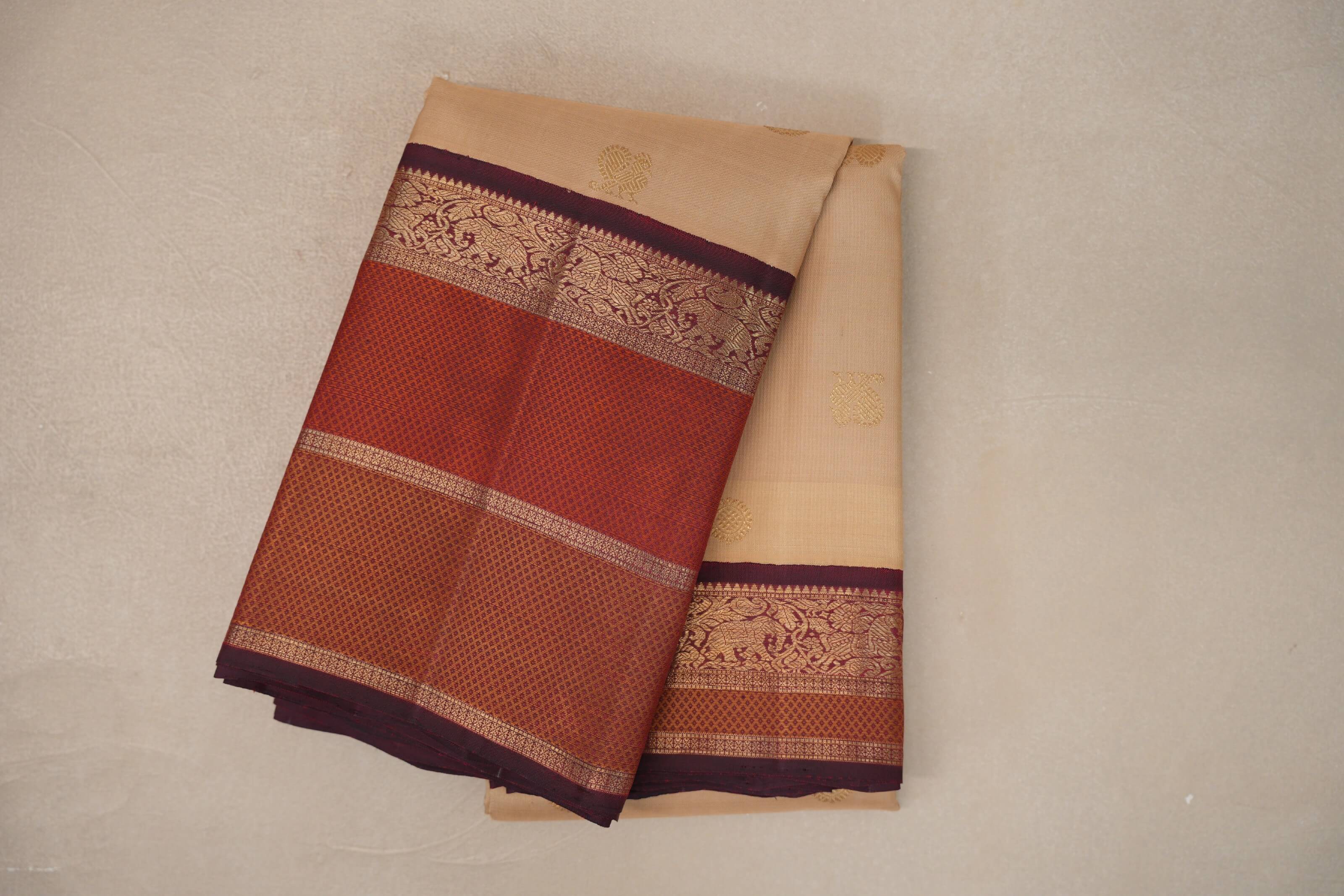 Biscuit Beige with Deep Maroon Borders Vintage Heirloom Kanjivaram Silk Saree