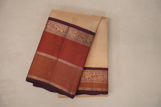 Biscuit Beige with Deep Maroon Borders Vintage Heirloom Kanjivaram Silk Saree