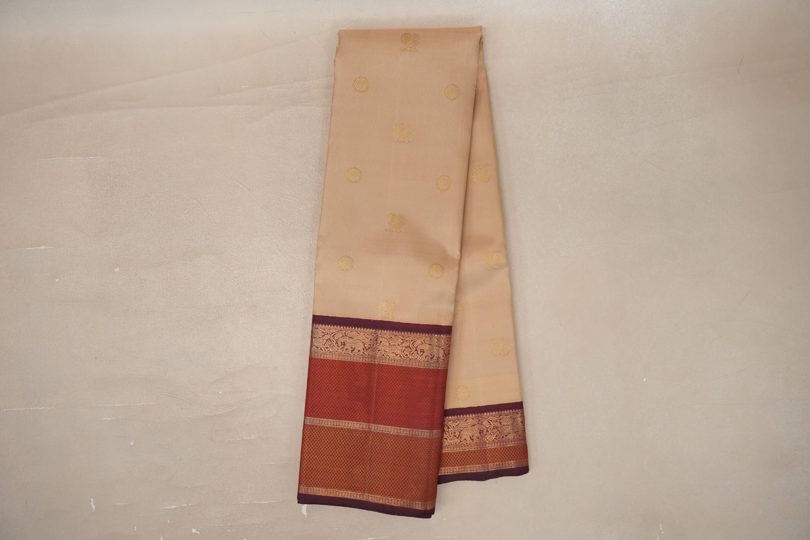 Online Biscuit Beige with Deep Maroon Borders Vintage Heirloom Kanjivaram Silk Saree