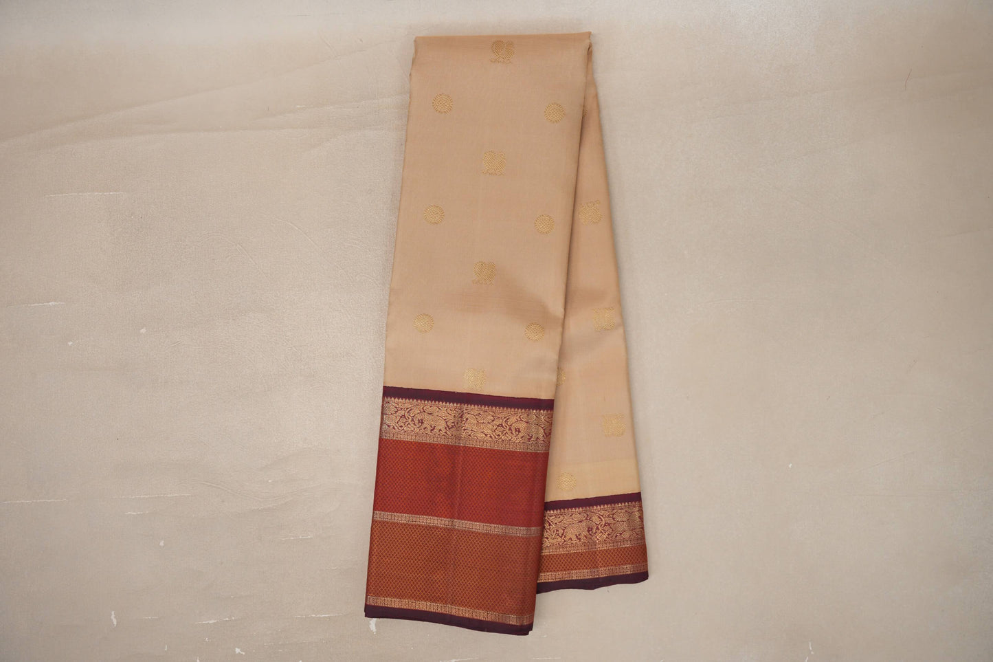 Online Biscuit Beige with Deep Maroon Borders Vintage Heirloom Kanjivaram Silk Saree