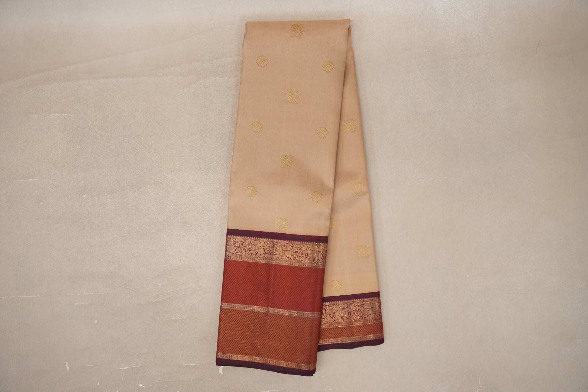 Online Biscuit Beige with Deep Maroon Borders Vintage Heirloom Kanjivaram Silk Saree