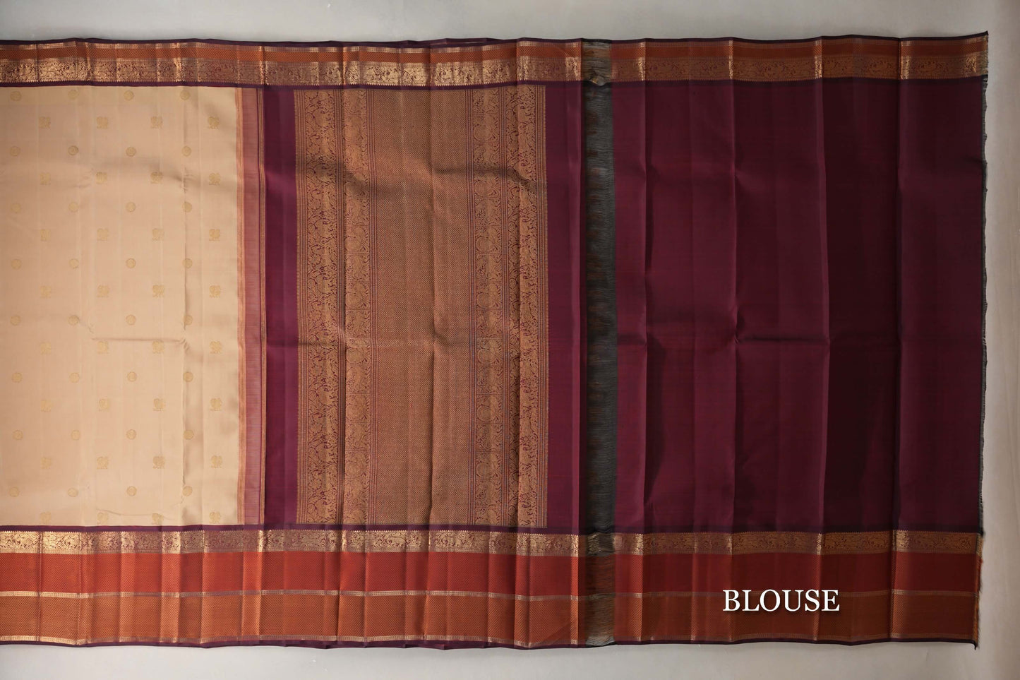 Biscuit Beige with Deep Maroon Borders Vintage Heirloom Kanjivaram Silk Saree blouse