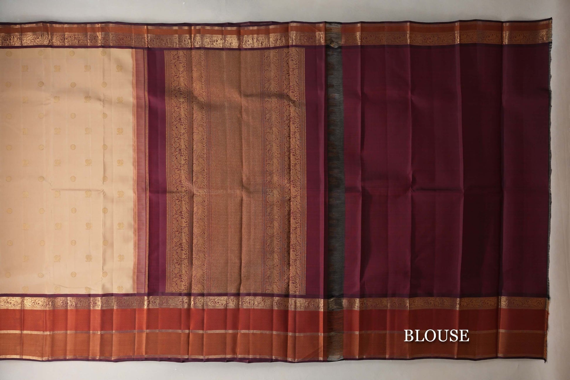 Biscuit Beige with Deep Maroon Borders Vintage Heirloom Kanjivaram Silk Saree blouse