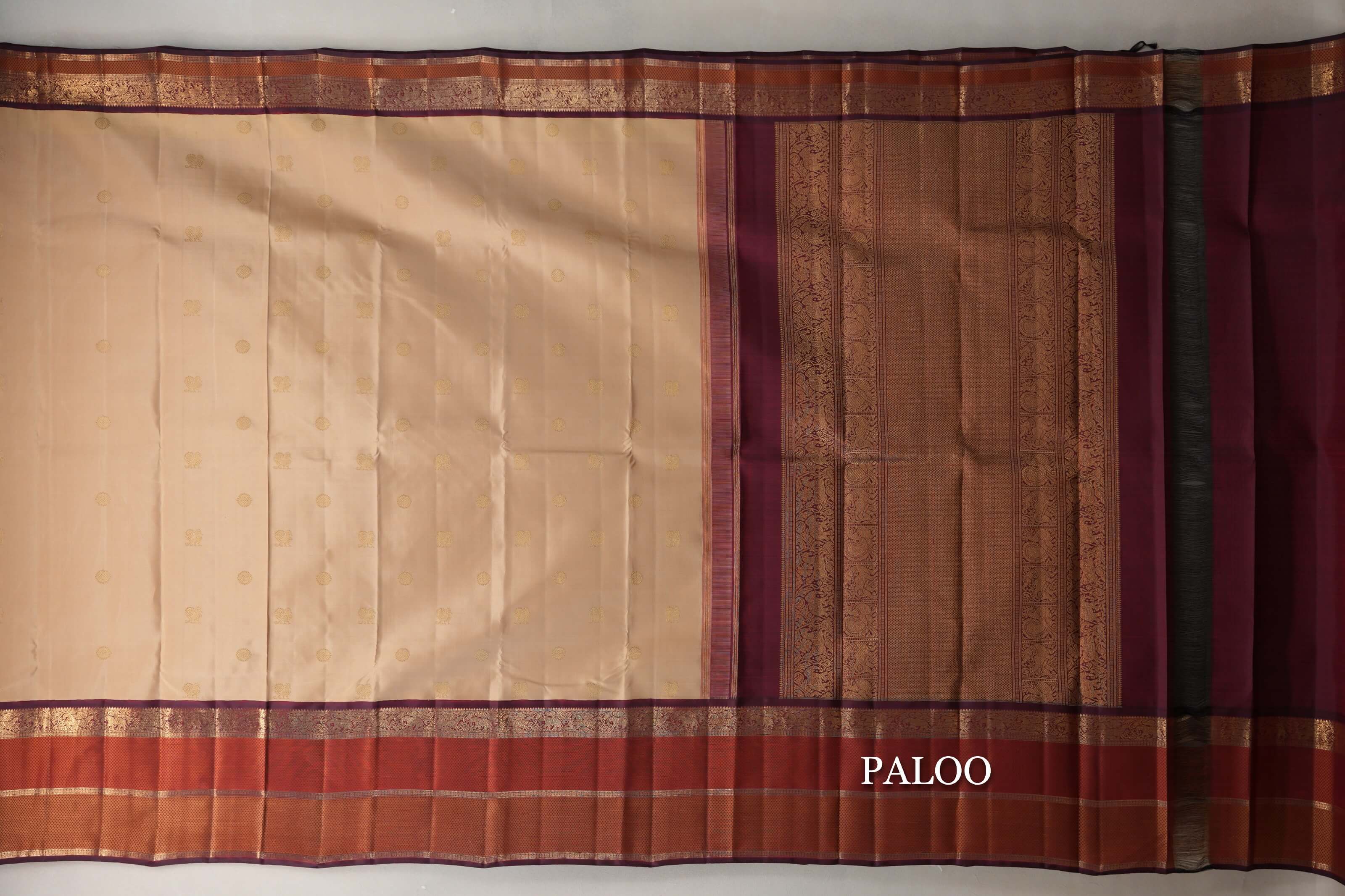 Biscuit Beige with Deep Maroon Borders Vintage Heirloom Kanjivaram Silk Saree paloo