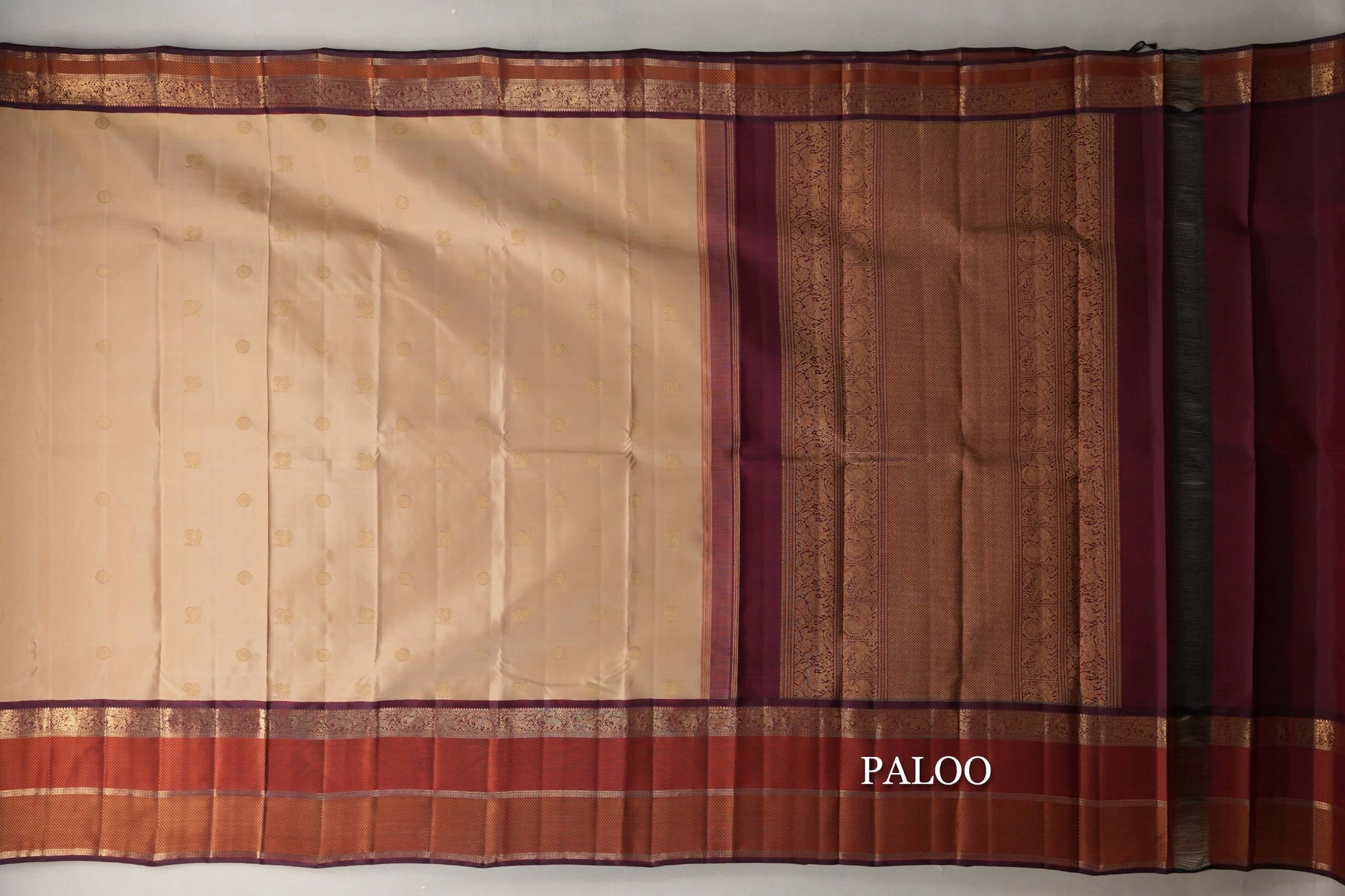 Biscuit Beige with Deep Maroon Borders Vintage Heirloom Kanjivaram Silk Saree paloo